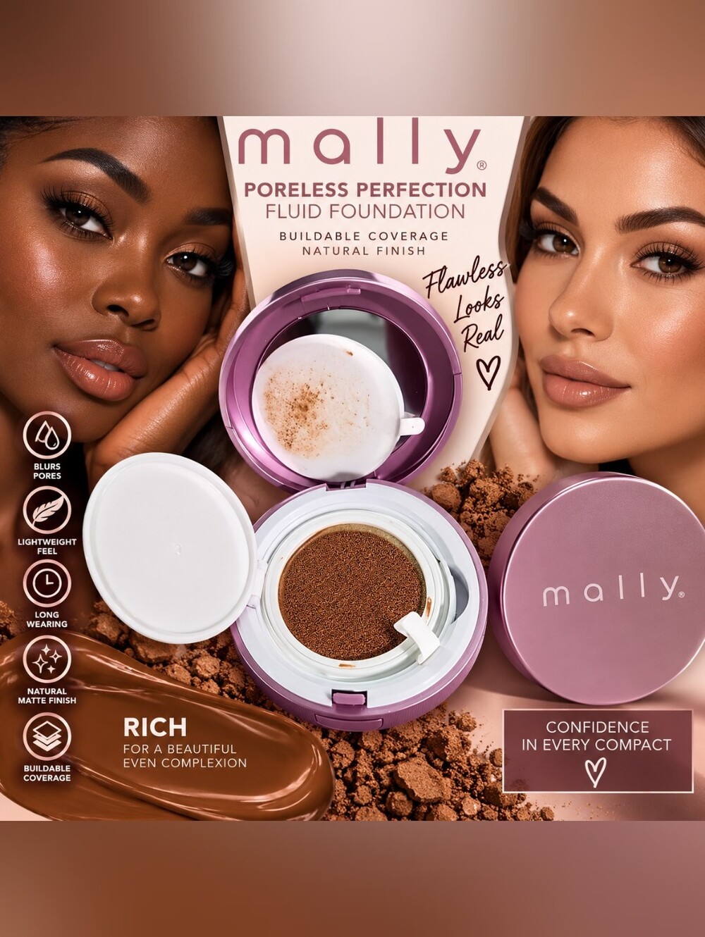 Mally Beauty Poreless Perfection Fluid Foundation Compact - Rich Brown